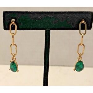 Green Rhinestone Gold Tone Dangle Earrings Teardrop Old Money Quiet Luxury Chain